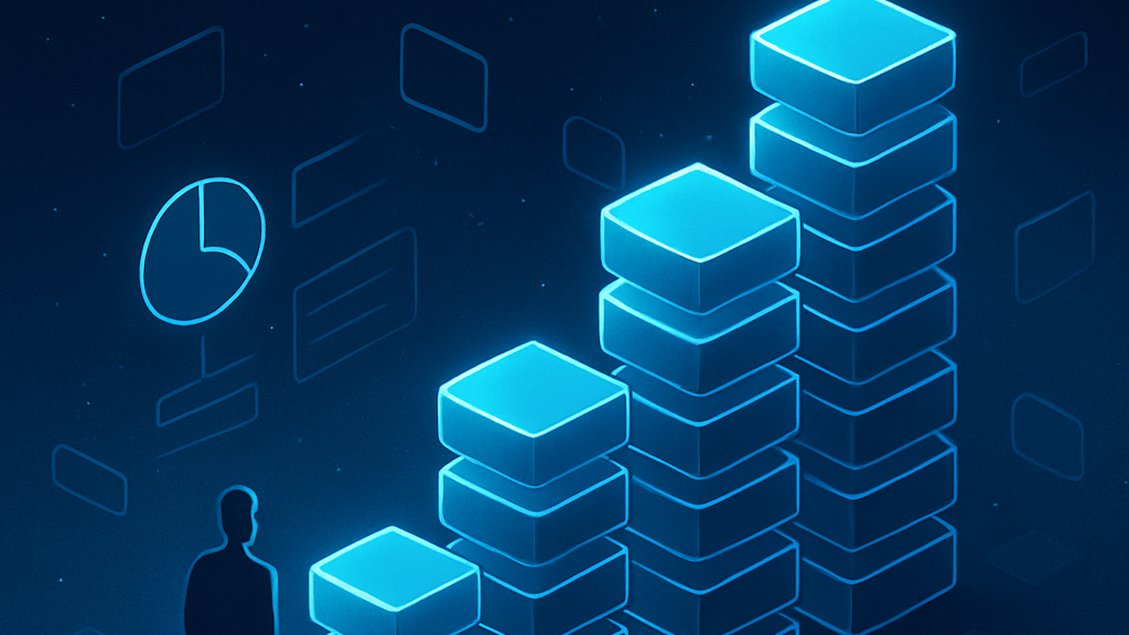 Abstract digital illustration of stacked design system components representing scalability, product growth, and future-ready design solutions.