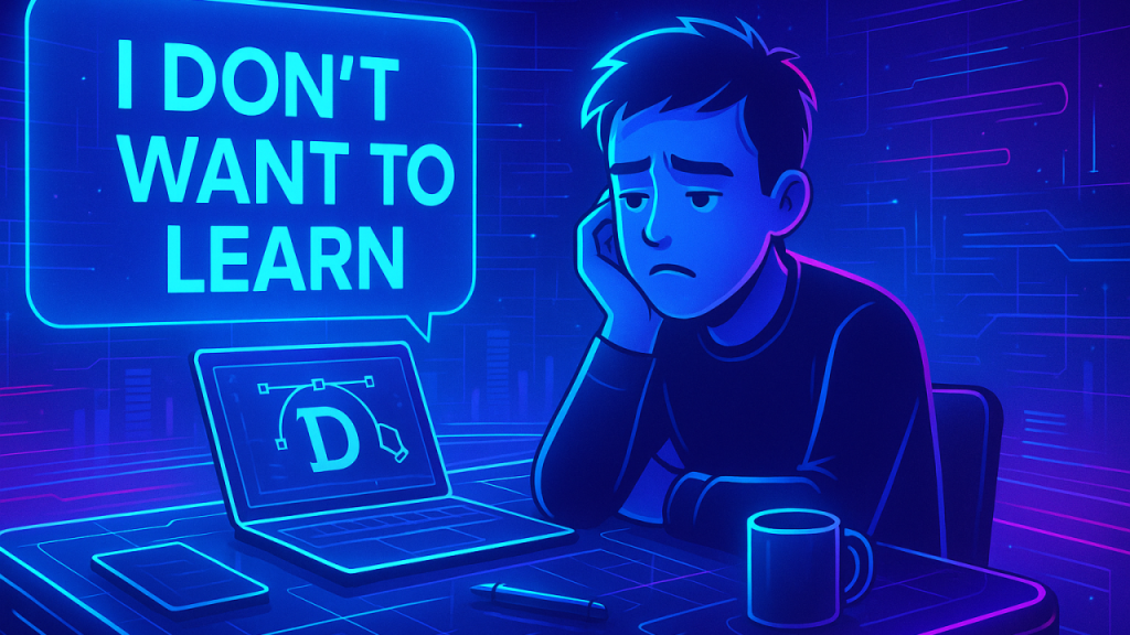 Illustration of a disengaged learner at a laptop representing passive learning mentality, UX education, and lack of growth mindset in tech and design.