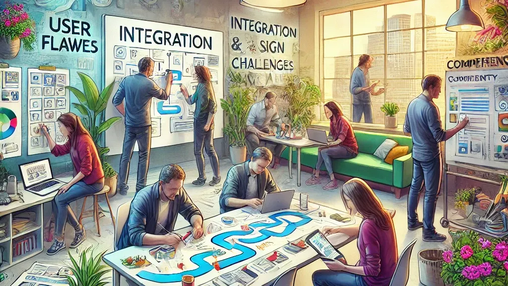Designers and product stakeholders collaborating on integration challenges, user flows, and design culture in product development.