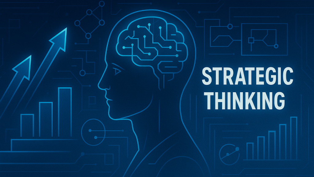 Illustration of a human head with digital circuits, growth charts, and strategic thinking elements representing product design strategy.