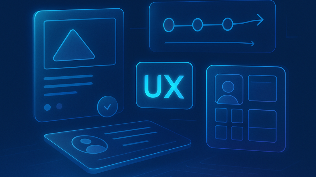 Abstract UX design interface elements representing product designer hiring, interview questions, UX evaluation, and structured design recruitment.