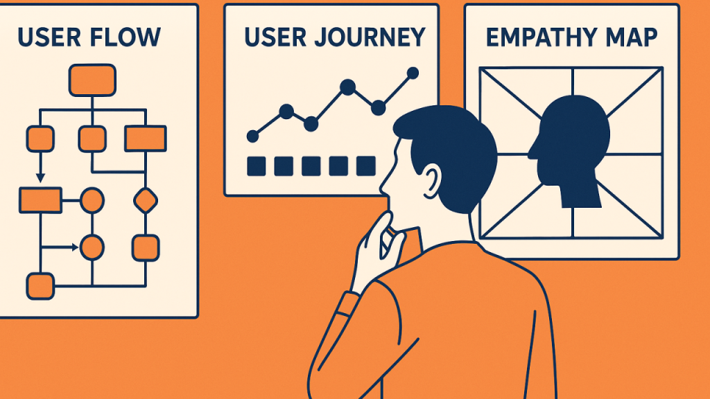 Illustration of a designer comparing user flow, user journey, and empathy map methods for smarter product design decisions.