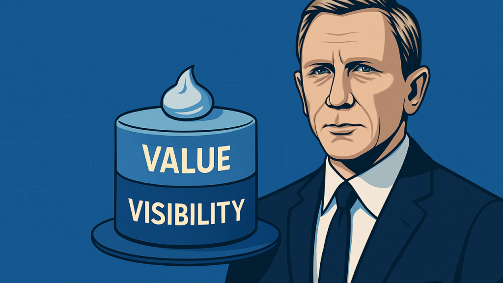 Illustration of a formal waiter holding a layered cake labeled value and visibility, representing the balance between useful UX discourse and online attention.