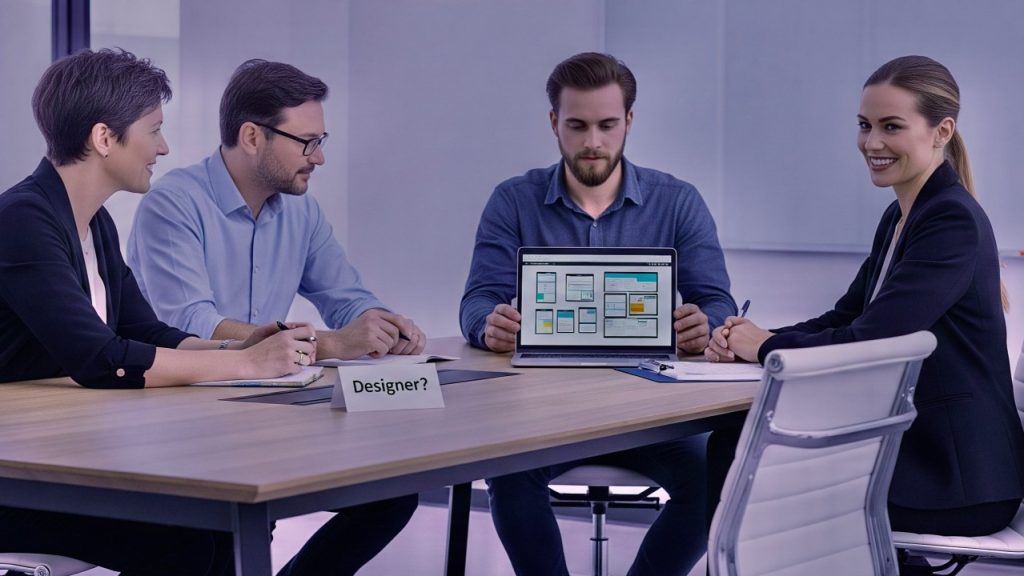 Designer presenting UX work on a laptop during a business meeting, representing design influence, stakeholder trust, and earning a seat at the table.