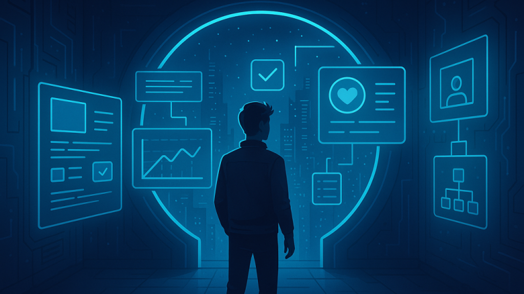 Illustration of a person standing in front of digital UX panels, representing the challenge of starting a junior UX design career.