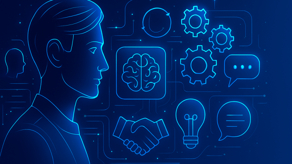 Blue line illustration of a designer profile surrounded by icons for communication, thinking, collaboration, and problem-solving, representing soft skills in design.