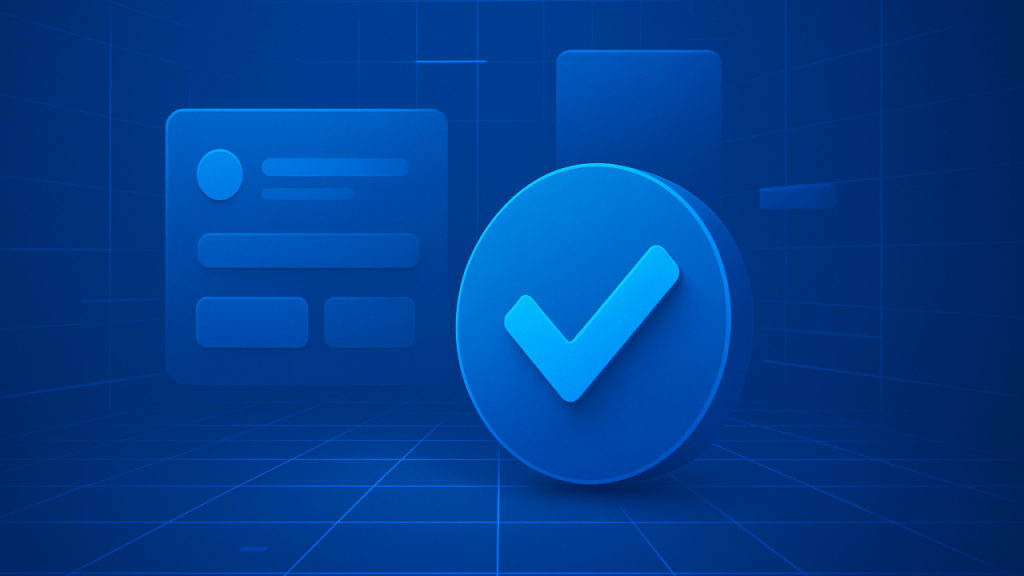 Blue 3D illustration of a user interface card with a large checkmark, representing consistency, validation, and design system alignment in UX.