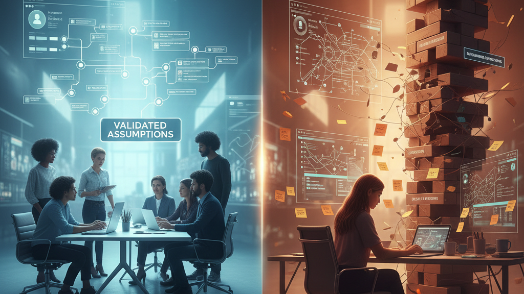 Split-screen illustration showing a validated UX process on one side and a chaotic decision system on the other, representing the cost of AI-driven UX choices.