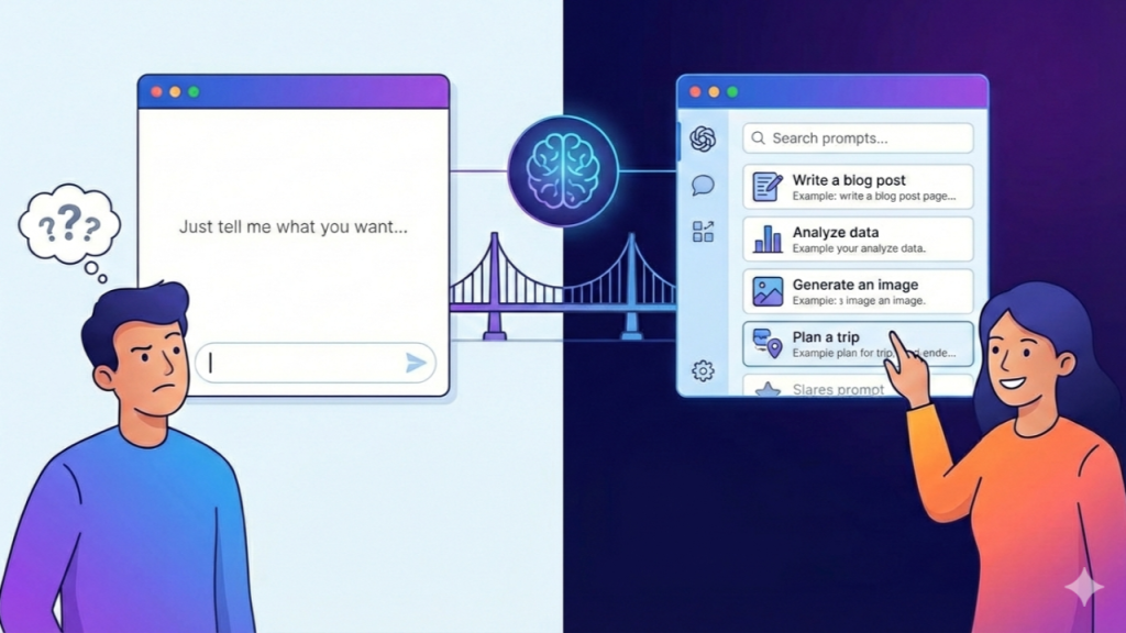 Split-screen illustration comparing a blank AI prompt box with a guided prompt interface, representing recognition over recall in AI UX design.