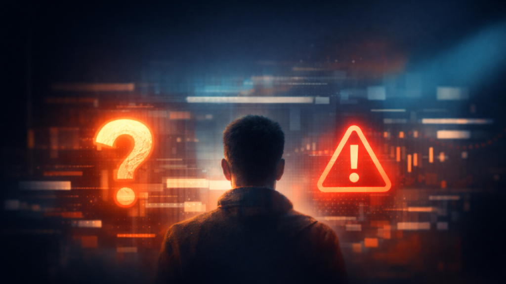 Person facing a digital interface with a glowing question mark and warning icon, representing uncertainty and broken trust in AI products.