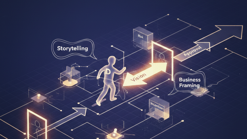 Abstract illustration of a designer moving a vision through approval gates, supported by storytelling, business framing, risk awareness, and organizational decision paths.