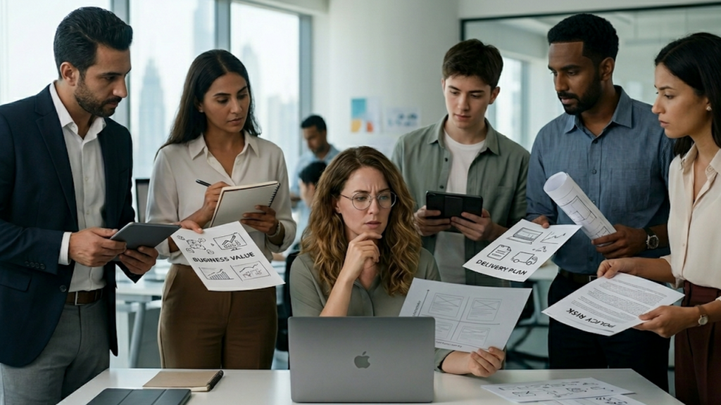 Designer surrounded by stakeholders holding business value, delivery plan, and policy risk documents, representing design influence and the risk of overreach.
