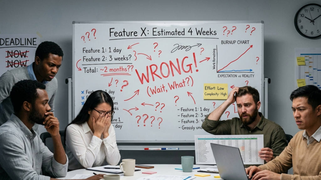 Team reviewing a whiteboard full of confusing feature estimates, deadline pressure, and planning errors, representing design work built on a broken foundation.