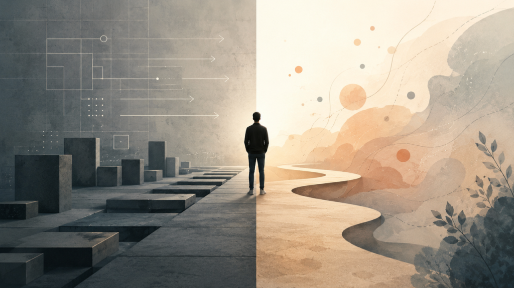 Split illustration of a person standing between a rigid structured path and a fluid organic path, representing process versus framework in design teams.