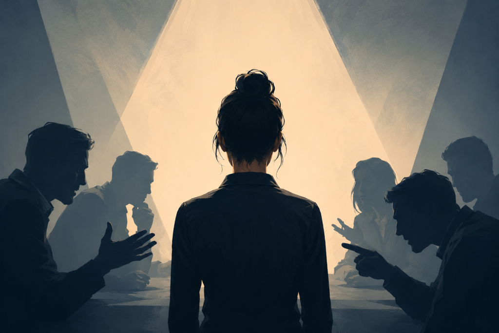 Illustration of a designer standing under a spotlight while stakeholders challenge ideas, representing design credibility, influence, and professional confidence.