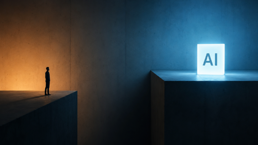 A person standing on one platform facing a higher platform with a glowing AI block, representing the gap between human capability and AI model capability.